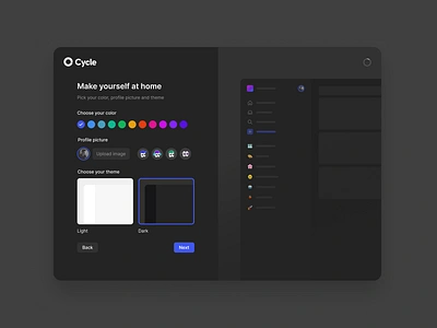 Onboarding step 🦉 app branding colors cycle dark design flow onboarding profile theme ui ux web