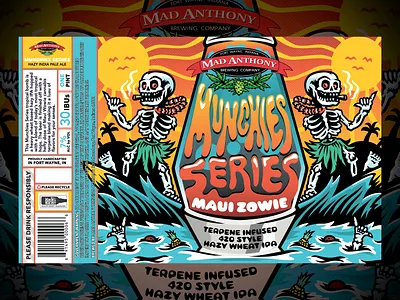 Mad Anthony Brewing Munchies Series: Maui Zowie beer beerlabel branding craftbeer design digital digitalart graphic design hawaii horror illustration label logo ocean packaging skeleton skull surfing tropical vector