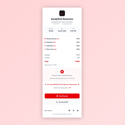 Payment Receipt UI - Day 17 of Daily UI branding crimson red ui design graphic design illustration logo payment final ui payment receipt ui payment ui receipt ui simple ui ui ui design ui ux ui ux design vector web design webpage ui