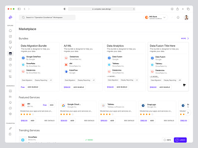 Marketplace add apps bundles card carousel data analytics data cloud web app data migration bundle data saas web app data workspace featured services provision see more sidebar trending services ui design