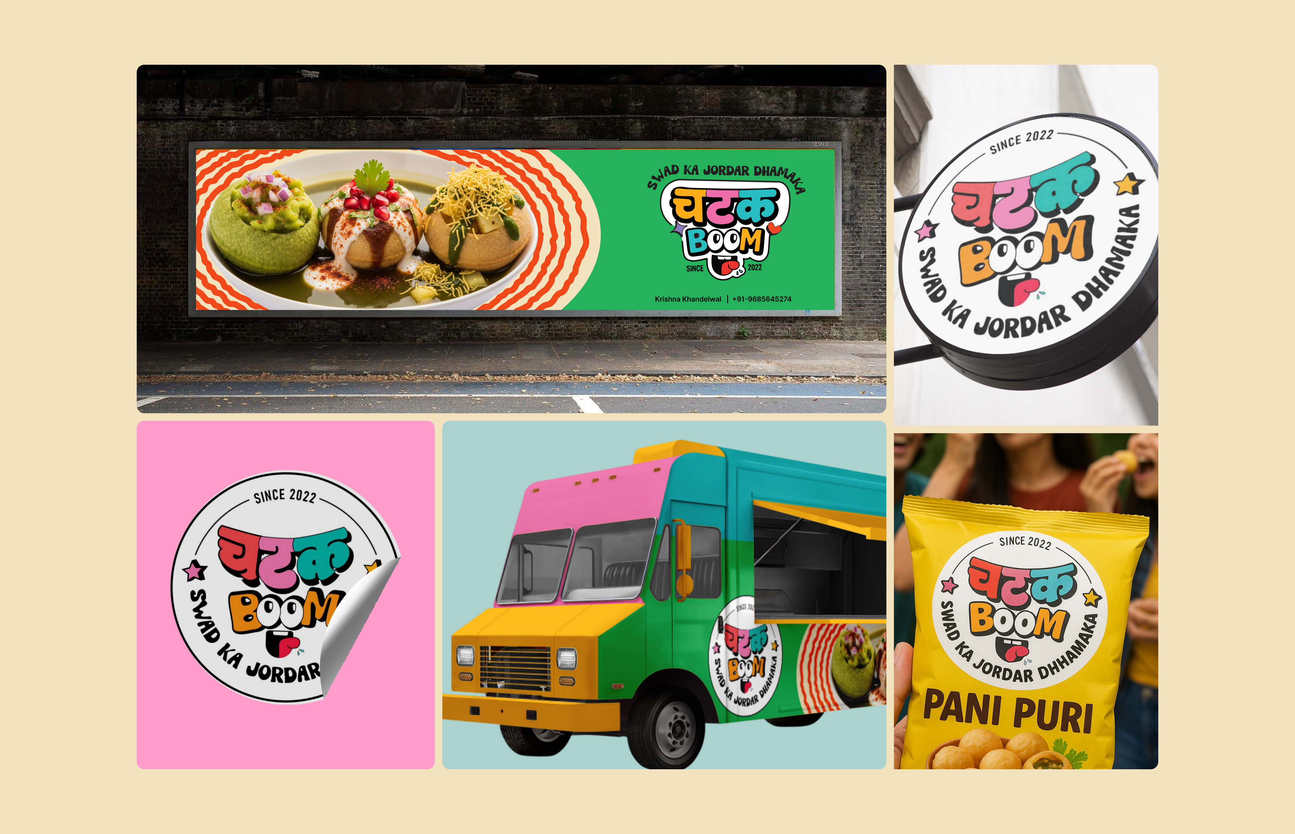 ChatakBoom – Bold & Playful Street Food Branding 2025 bold branding colorful branding food branding food cart branding food truck fun identity indian food indian street food branding logo packing food pani puri street food visual visual indentity