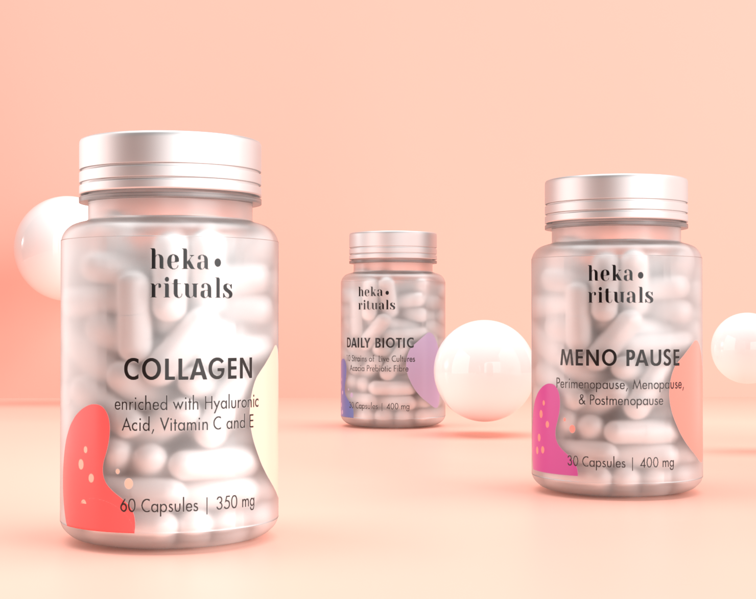 Heka Rituals Women's Health Supplements - Brand Packaging Design 3d bottle branding colors colours design graphic design health illustration label logo packaging pastel pill pink supplements ui vector vitamins womens