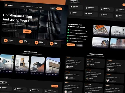 Real Estate Website UI/UX Design – Dark Theme Landing Page dark theme figma design landing page design property app property listing real estate real estate landing page real estate website responsive web design ui ui ux design website concept