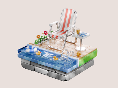 Swimming Pool, Chair and Book 3D Illustration 3dmodeling artdirection blender 3d illustration isometric low poly stylized