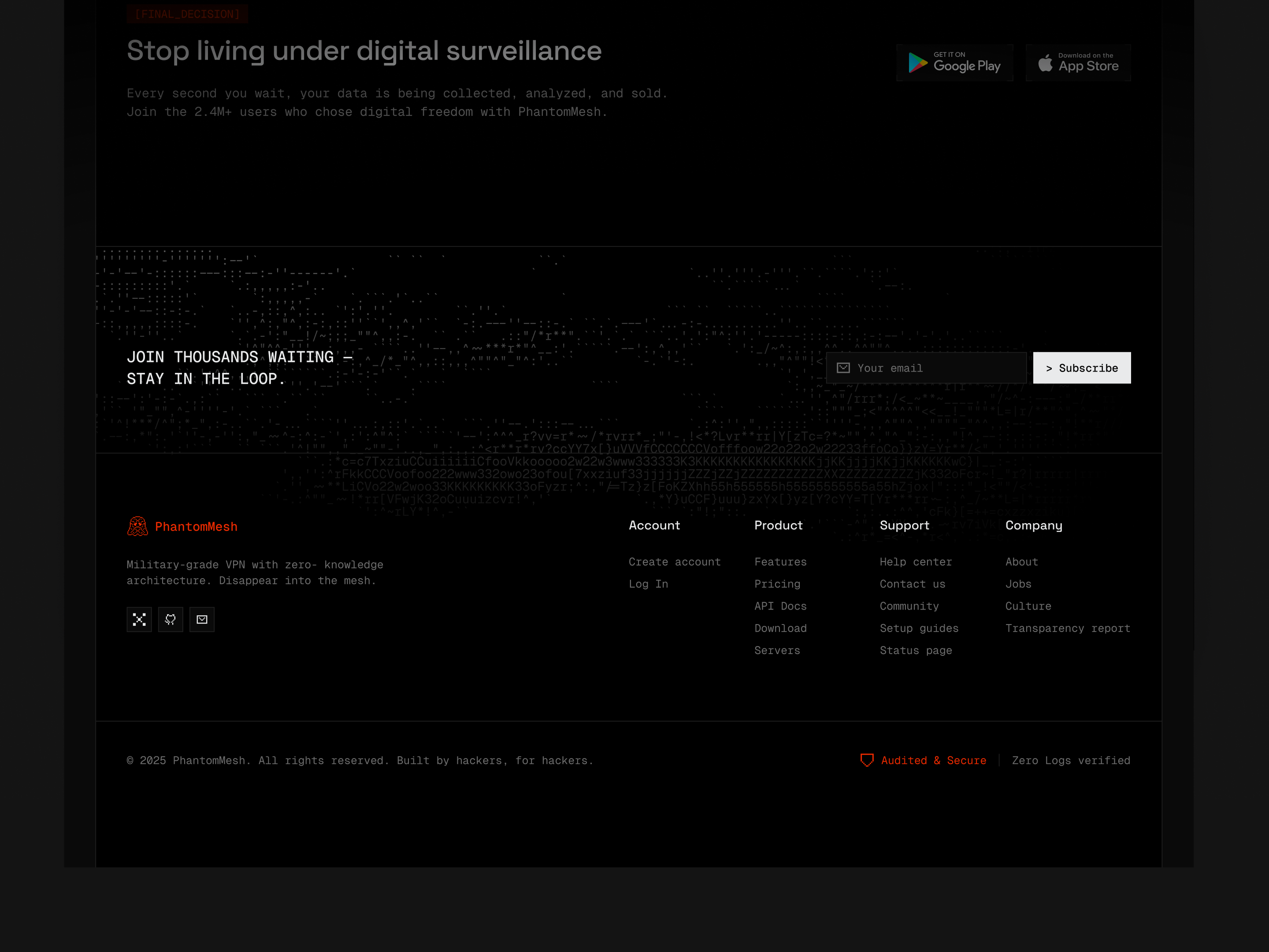 PhantomMesh – Website Footer Design ascii aesthetic b2b saas b2c saas cybersecurity darkmode footer landing page privacy first saas saas vpn website