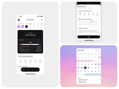 Femi - Period Tracker App calendar cycle dates design female fertile health healthcare medical medicine mestruation mobile mobile app monthly menstrual cycle ovulation period period tracker tracker ui woman health