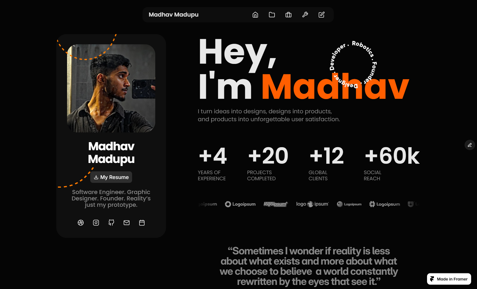Portfolio Hero Section agency animation branding card color dashboard design figma fonts framer graphic design landing madhav madupu portfolio profile stats