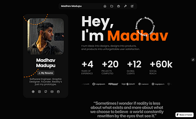 Portfolio Hero Section agency animation branding card color dashboard design figma fonts framer graphic design landing madhav madupu portfolio profile stats