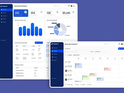 Dashboard for Home Salon Booking App app b2b bar chart beauty care claendar dashboard donut chart home pie chart saas salon schedule service table therapist timeline ui design ux design