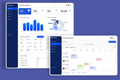 Dashboard for Home Salon Booking App app b2b bar chart beauty care claendar dashboard donut chart home pie chart saas salon schedule service table therapist timeline ui design ux design
