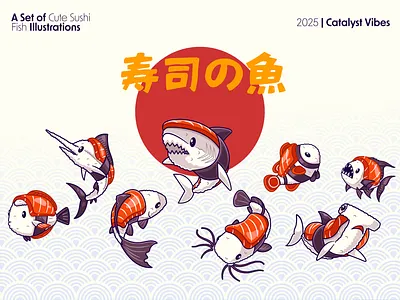 Sushi Fish Collection🍣🐟🎌 branding catfish character cute doodle fish flat food icon illustration japanese logo mockup rice salmon shark sketch sushi whale