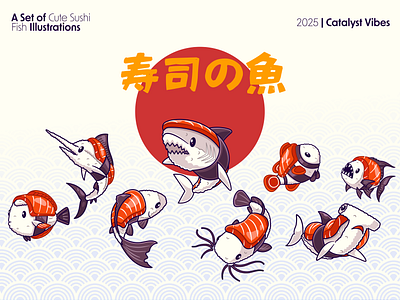 Sushi Fish Collection🍣🐟🎌 branding catfish character cute doodle fish flat food icon illustration japanese logo mockup rice salmon shark sketch sushi whale