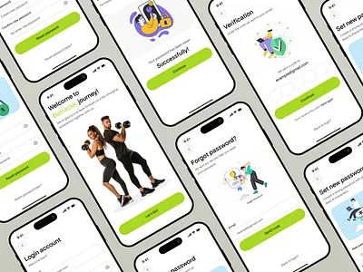 Login & Signup Screens authentication clean minimal ui email verification fitness app fitness app login forgot password mobile app onboarding otp screen password secure login signup signup screen design text field ui aesthetics ui ux user registration verify code welcome screen app wellness app