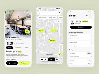 Smart Co-working Finder – Book & Work Anywhere booking clean co working concept coworking coworking space design design trend finder mobile mobile app rental app reservation reserve space finder ui user interface workspace