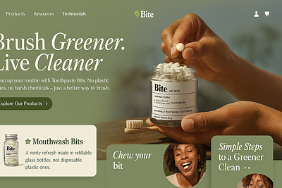Eco-Friendly Toothpaste Bits & Mouthwash – Sustainable Oral Care 3d animation brand branding cardboard design graphic design green branding healthy lifestyle illustration logo minimal design motion graphics product design toothpaste bits ui wellness brand zero waste