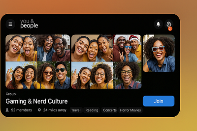 Social Group App Interface – Gaming & Nerd Culture Community Des 3d animation brand branding cardboard community app design graphic design group page illustration interface logo motion graphics product design social media social network ui