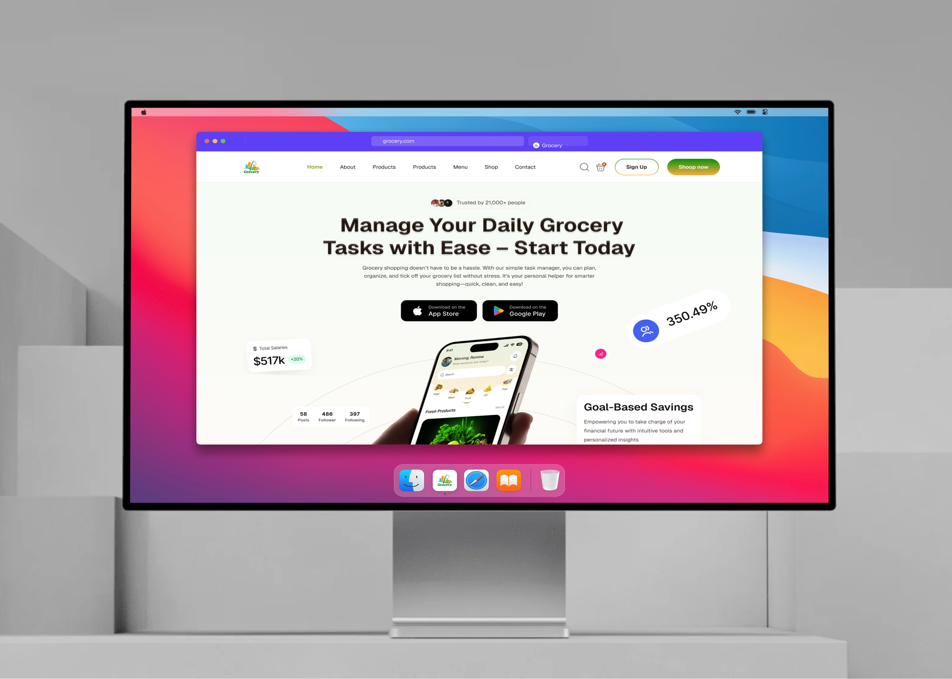 Social Media Post & Branding – Grocery Landing Page app design branding design clean design creative landing page design inspiration digital branding ecommerce design food delivery app fresh design grocery app landing page design minimal ui modern ui shoppingapp smart shopping social media branding uiux design user interface visual branding web design