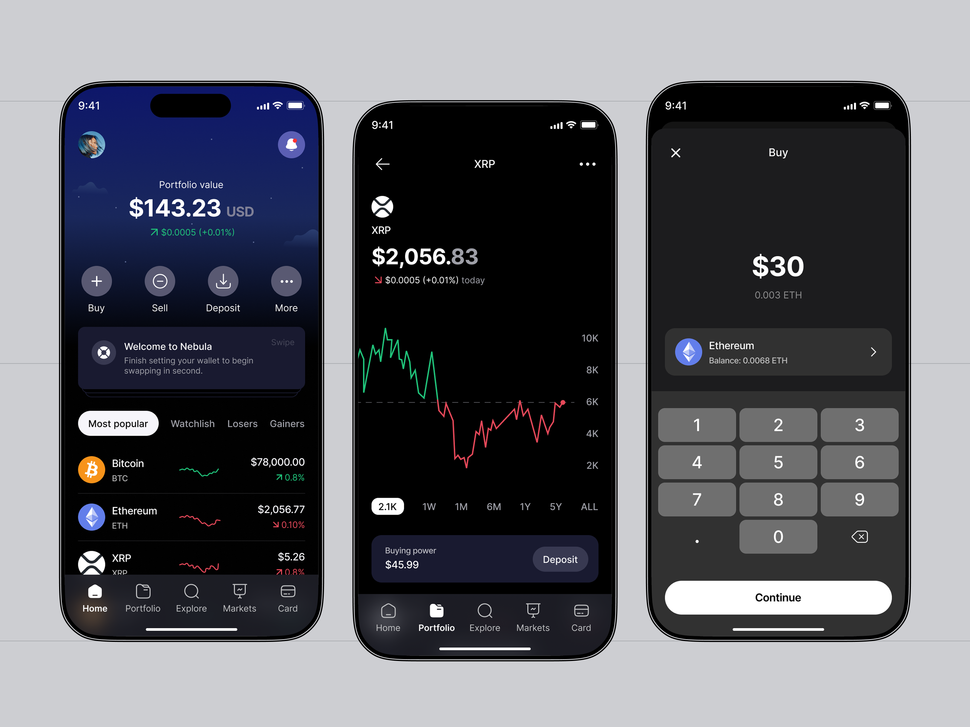 Nebulla - Crypto Wallet Mobile App blockchain clean crypto app design crypto exchange crypto landing page cryptocurrency design finance fintech mobile app modern neo banking platform trading product design saas token uiux user interface wallet web3