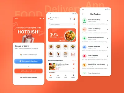 Hot Dish - Food Delivery App app delivery delivery app design food food and drink food app food delivery food ordering mobile mobile app design mobile application modern app online food order tracking restaurant ui ui design ux ux design