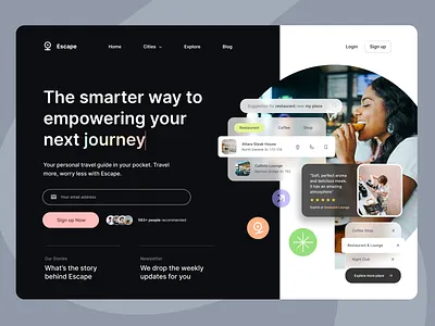 Travel Web App - Hero Section ai clean dark destination flight guide homepage hotel icon journey navigation restaurant saas shop sign up travel trip ui web app web design