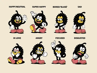 Black Durian Mascot – Emotions Set 1930 1930s branding cartoon character character emotions set durian emotions illustration mascot old cartoon old school pose retro cartoon rubber hose sticker pack vintage