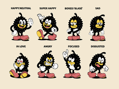 Black Durian Mascot – Emotions Set 1930 1930s branding cartoon character character emotions set durian emotions illustration mascot old cartoon old school pose retro cartoon rubber hose sticker pack vintage
