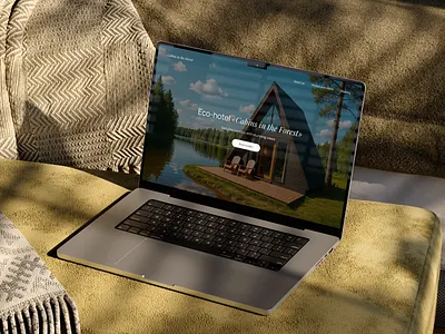 Hero section for the landing page of eco-hotel in forest cabins design eco hotel first screen forest hotel house menu ui uiux ux web design