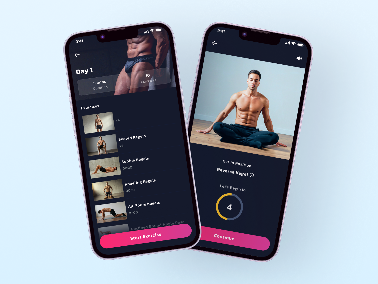 Kegel Fitness App UI – Elevate Pelvic Health calm interface daily exercise app exercise flow fitness ui guided routine health wellness design health tracking ios app design kegel exercises men fitness men health app minimal ui mobile app ui mobile product design mobile ux pelvic floor training ux flow wellness app