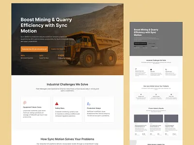 Mining & Quarry Efficiency Landing Page – Predictive Analytics admindashboard adminpanel b2b landing page design branding conversion focused landing page darkui dashboarddesign data driven web design design hero section illustration industrial ui ux industrial web design mining landing page quarry landing page react.js saas landing page ui