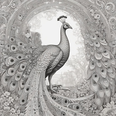 Royal Peacock Illustration – Elegant Detailed Line Art creative artwork
