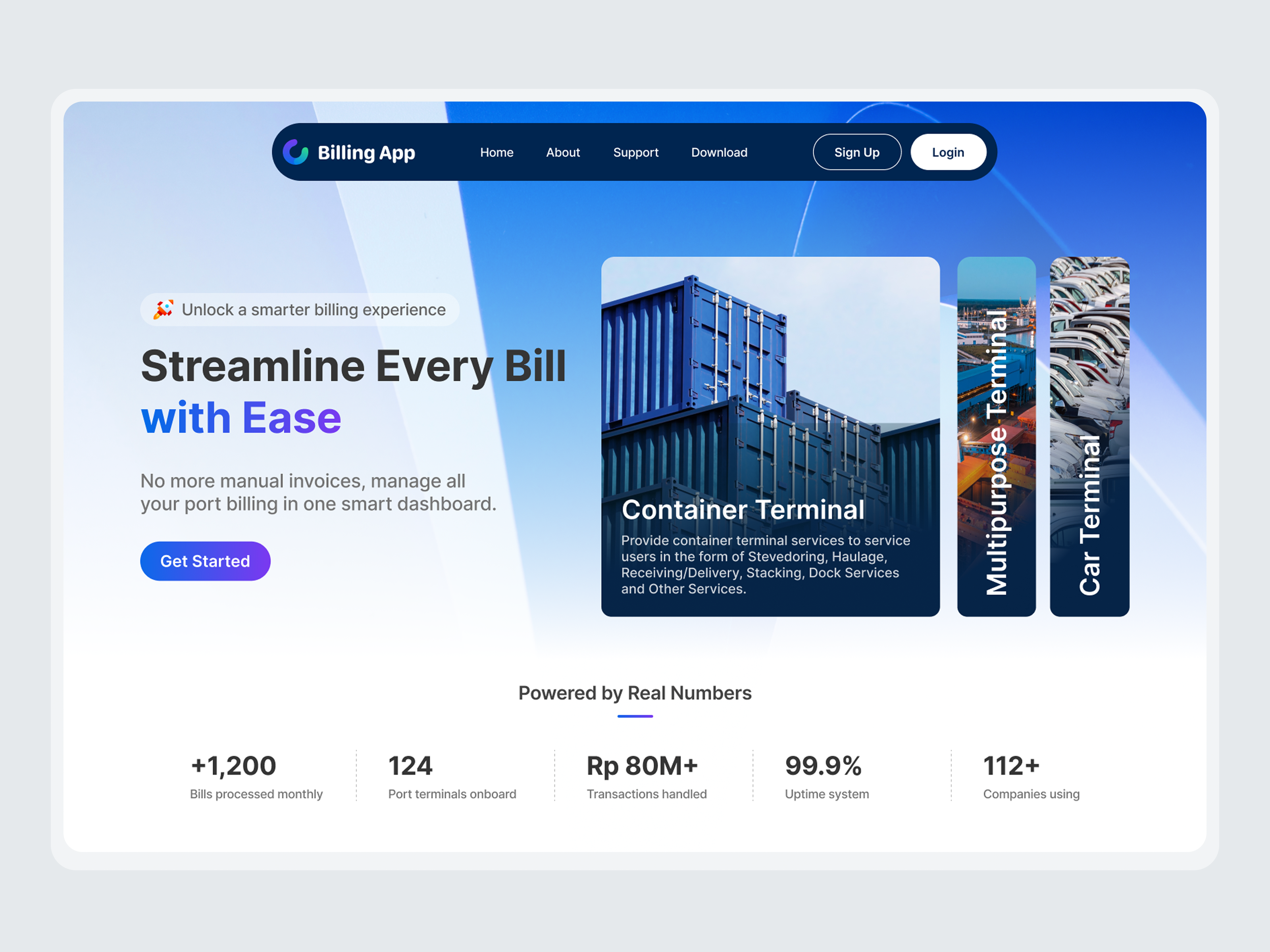 Billing App Hero Section billing clean hero hero section homepage landing page pelabuhan port terminal port ui design uiux ux design web design