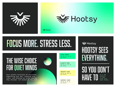 Hootsy Brand Identity ai animal app automation bird branding focus logo logodesign logodesigner mark minimal modern owl saas simple logo software symbol tech wisdom