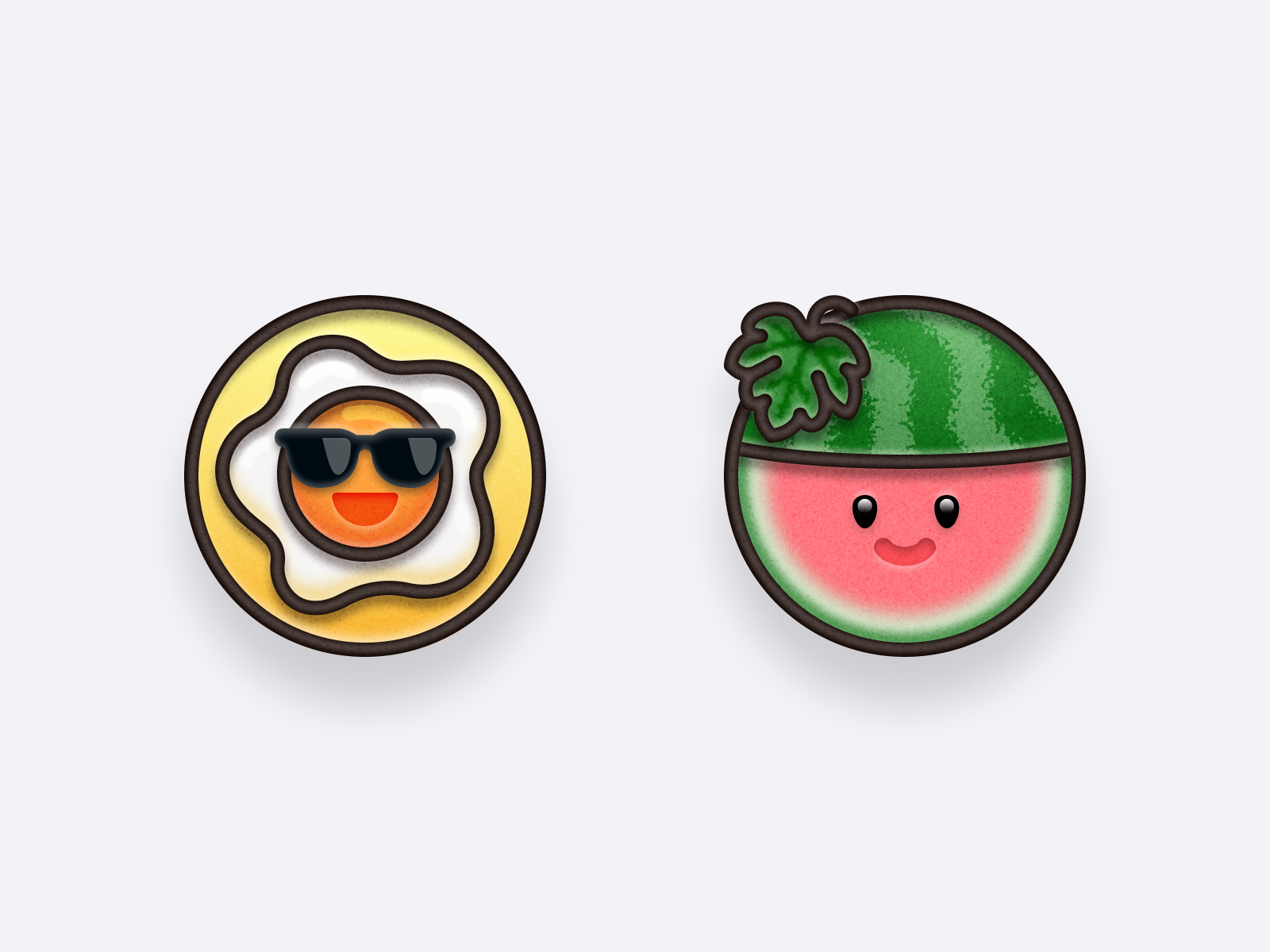 Badges ☀️🍳🍉 badge cute food fried egg fruit graphic design growpal icon illustration iphone ios app jellycat logo pin smile sticker summer sunglasses sunny side up texture watermelon