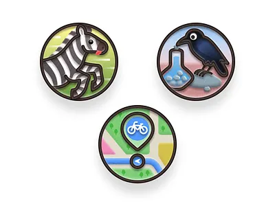 Badges 🦓🐦‍⬛🗺️ aesops fables animal badge bicycle cute graphic design growpal illustration iphone ios app map navigation route pebble pin running stay hydrated sticker stone the crow and the pitcher water zebra