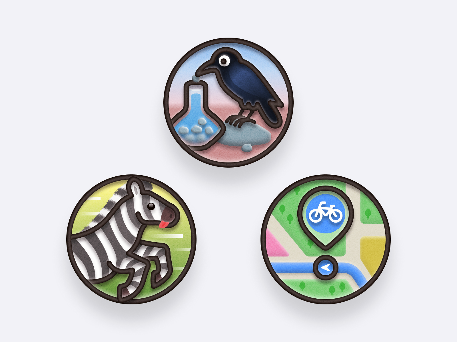Badges 🦓🐦‍⬛🗺️ aesops fables animal badge bicycle cute graphic design growpal illustration iphone ios app map navigation route pebble pin running stay hydrated sticker stone the crow and the pitcher water zebra