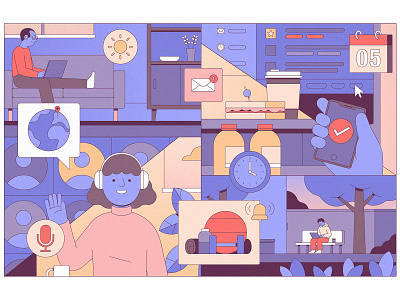 Remote Working adobe blue character design cool editorial editorialillustration flatdesign illustration illustrator lunch muti office park remote remote working sandwich spread vector workalike zoomcall
