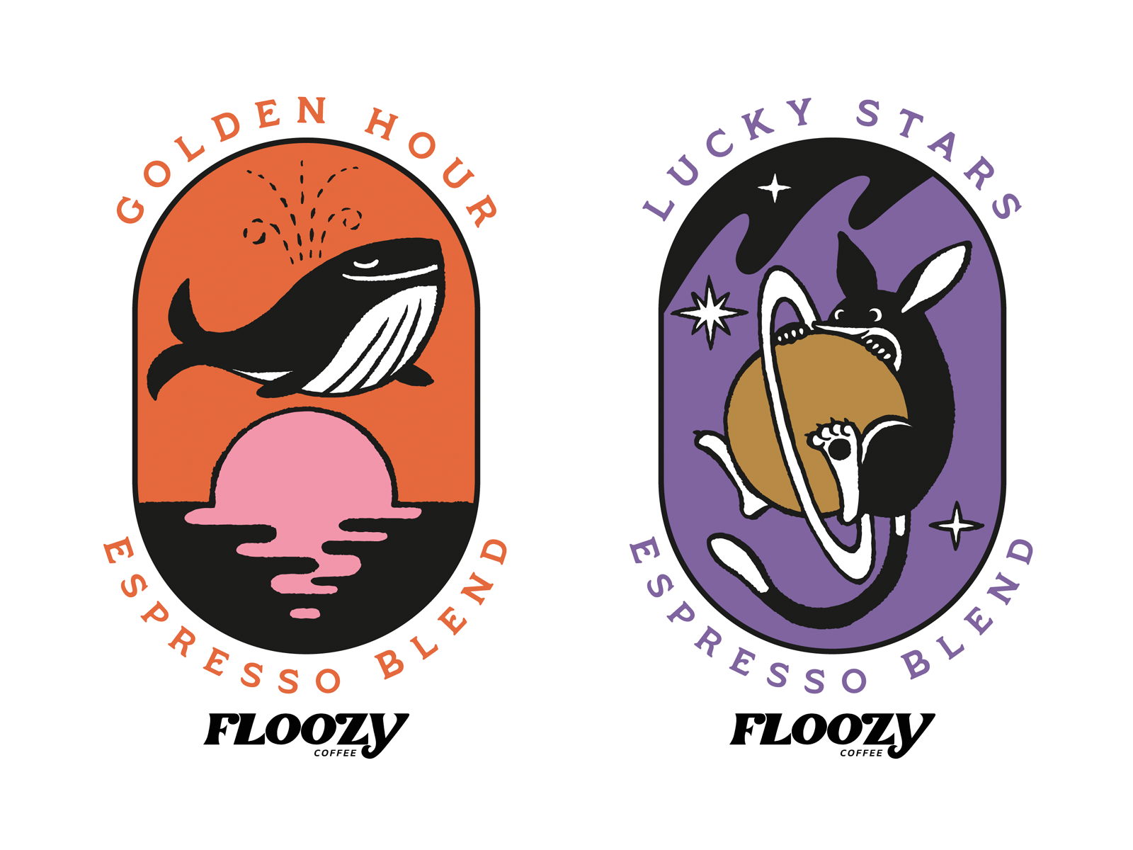 Floozy Coffee Roasters animal illustration bilby bold colour cafe branding coffee bag coffee beans bag coffee packaging cute cute animals embrem espresso blend hand drawn illustration label design millennial minimal minimal art pen and ink specialty coffee whale