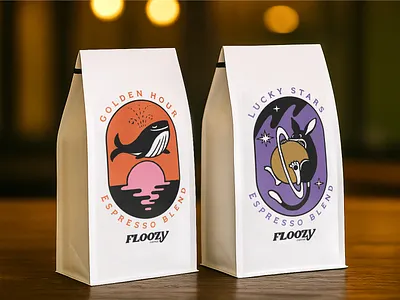 Floozy Coffee Roasters animal illustration bilby cafe branding coffee bag coffee beans bag coffee packaging cute animals emblem style espresso blend hand drawn illustration label design millennial style minimal art minimal design pen and ink specialty coffee whale