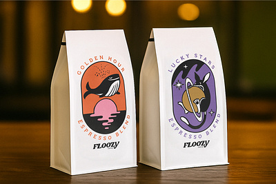 Floozy Coffee Roasters animal illustration bilby cafe branding coffee bag coffee beans bag coffee packaging cute animals emblem style espresso blend hand drawn illustration label design millennial style minimal art minimal design pen and ink specialty coffee whale