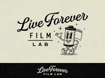 Live Forever Film Lab australia branding caligraphy cartoon character film film lab graphic design illustrative logo logo logo design mascot melbourne photography retro logo retro logo design vintage logo