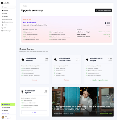Upgrade plan for Mobal add ons ai pricing pro plan saas ui upgrade upgradeplan web