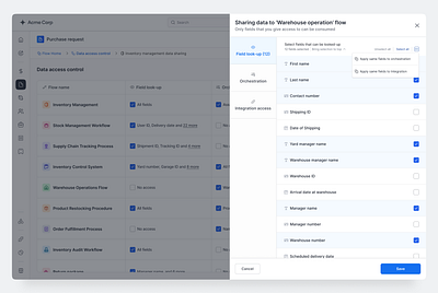 Secured data sharing permission | SAAS | Low-code | Workflow access control data management data permission data sharing low code modal drawer no code permission permission management permissions product design rbac saas security security settings side drawer side panel tabular data workflow workflow automation