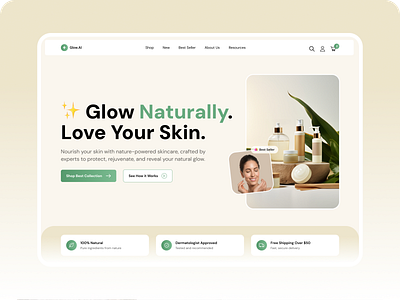 ✨Glow.AI – Natural Skincare Landing Page branding cleanui creativedirection designsystem ecommercedesign herosection landingpage minimaldesign productdesign responsivedesign skincare uiux userexperience visualdesign webdesign