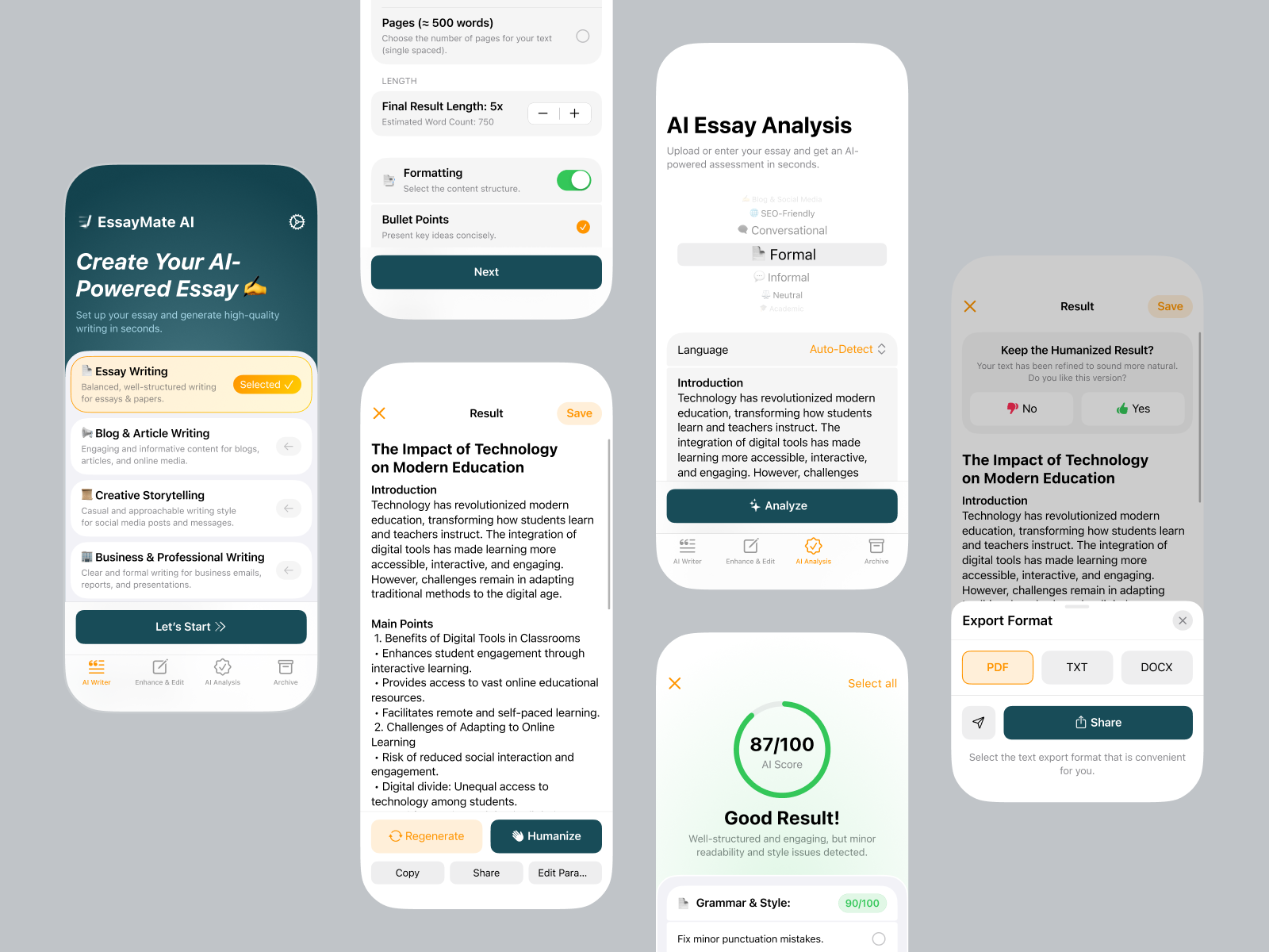 AI Essay Writer App Interface ai android app app store assistant dark education essay graphic design interface ios iphone main page mobile mockup modern text ui ux writer
