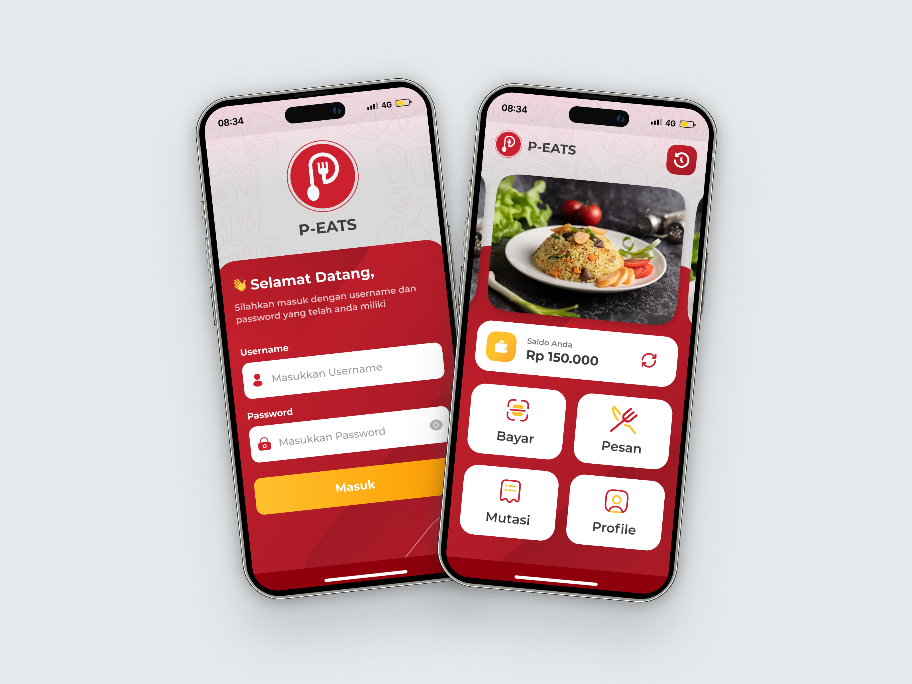 P-EATS – Internal Canteen App Redesign cafe cafetaria canteen corporate app drink figma fnb food food app food ordering internal app kantin login mobile app mobile ui modern redesign ui design uiux ux design