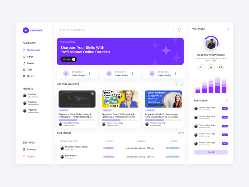 Coursue – Modern Online Course Dashboard UI Design frontend design