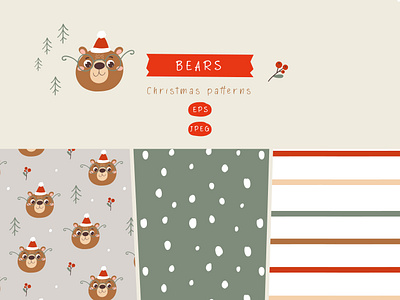 Christmas pattern set bear cartoon character childish christmas design digital illustration pattern seamless seasonal winter