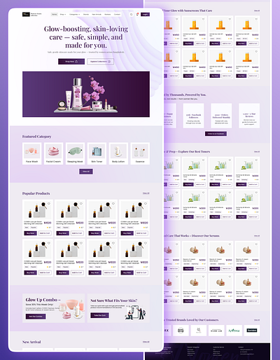 Women’s Beauty E-commerce Landing Page aesthetic interface bangladeshi brand beauty e commerce call to action design clean design cosmetics ui e commerce design hydrating products landing page concept minimalist beauty ui modern web layout product card design promotional banners responsive web design skincare landing page skincare ui social proof section trust building ux uiux design womens beauty website
