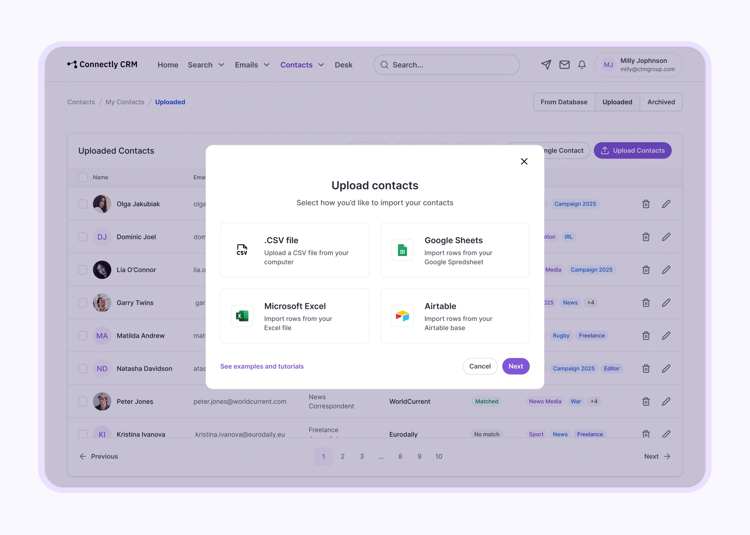 ConnectlyCRM - Simple contact importer app design csv import design importer importing process ui ux