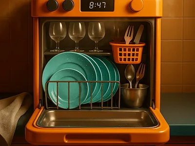 Clean Dishes at Last 3d 3d illustration cozy kitchen daily life digital art dishwasher kitchen appliance repair dishwasher repairing dishwasher